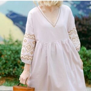 MADEWELL Embroidered-Sleeve Popover Midi Dress Linen Blend Lilac Size M NWOT